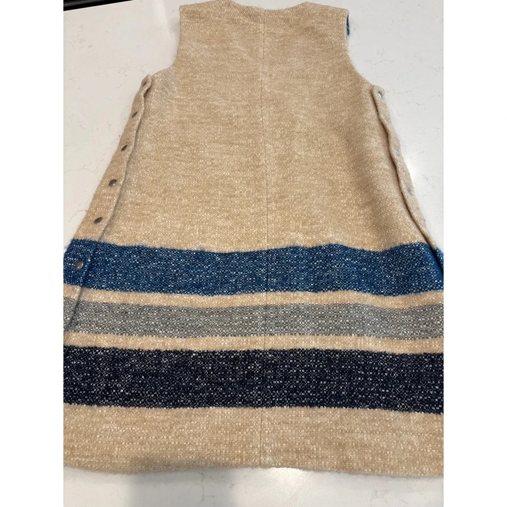Sea New York Silk Wool Tweed Striped V-Neck Snap Side Shift Dress Oatmeal,Blue 6 - Picture 3 of 10
